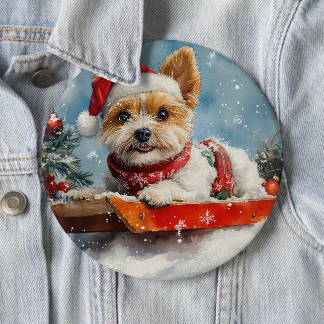 Biewer Terrier Hund i Släd Låt det Snöa Jul Knapp (In Situ)