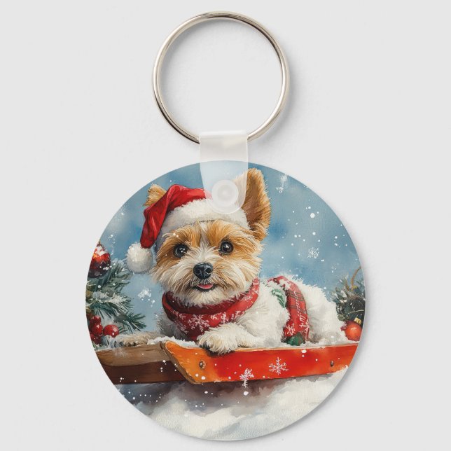 Biewer Terrier Hund i Släd Låt det Snöa Jul Nyckelring (Framsida)