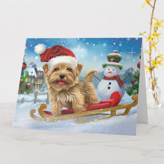 Biewer Terrier hund i släd snö jul Kort (Gul blomma)