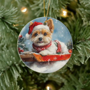Biewer Terrier Hund i släde Låt det snöa Jul Julgransprydnad Keramik