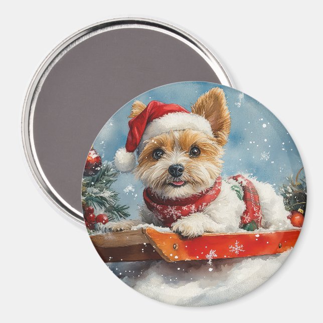 Biewer Terrier Hund i Släde Låt det Snöa Jul Magnet (Front/Back)