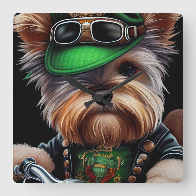 Biewer Terrier Hund Kör Cykel St. Patrick's Day Fyrkantig Klocka (Framsida)
