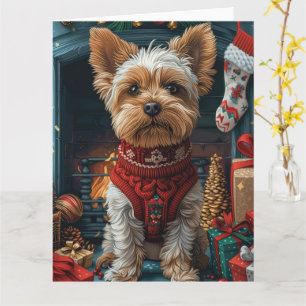 Biewer Terrier Hund med julklappar Kaminen Kort
