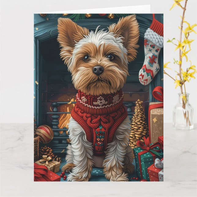 Biewer Terrier Hund med julklappar Kaminen Kort (Gul blomma)