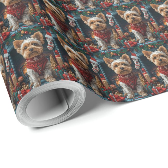 Biewer Terrier Hund med julklappar Kaminen Presentpapper (Rulle Hörn)