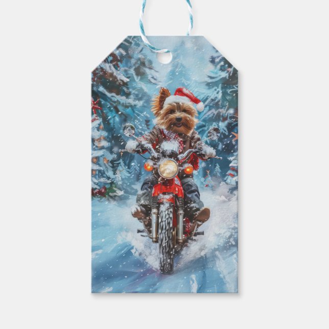 Biewer Terrier Hund Ridning Motorcykel Jul Presentetikett (Framsidan)