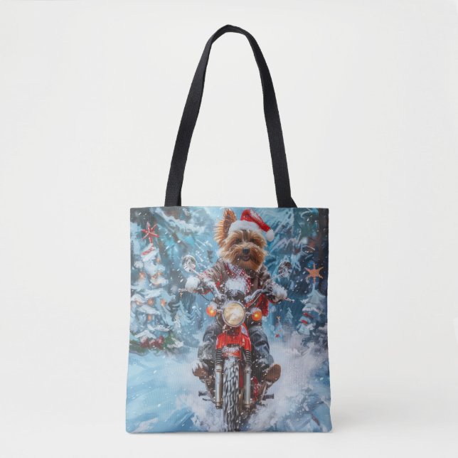 Biewer Terrier Hund Ridning Motorcykel Jul Tygkasse (Framsida)