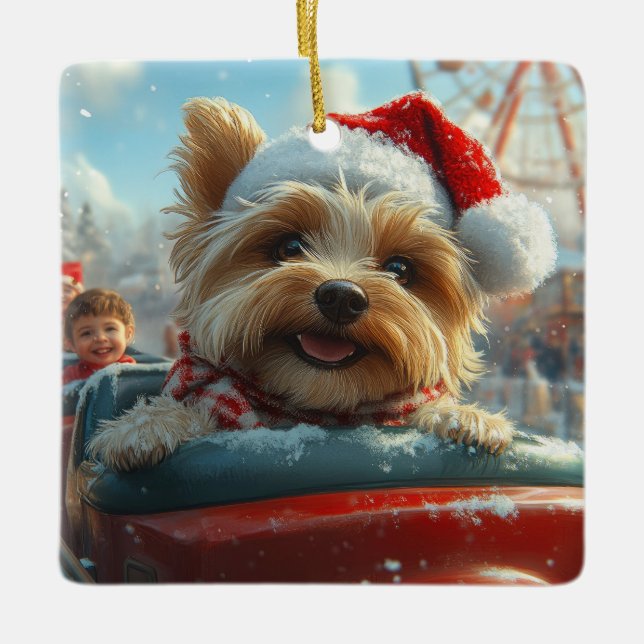 Biewer Terrier Hund Rulltrappa Jul  Julgransprydnad Keramik (Framsida)