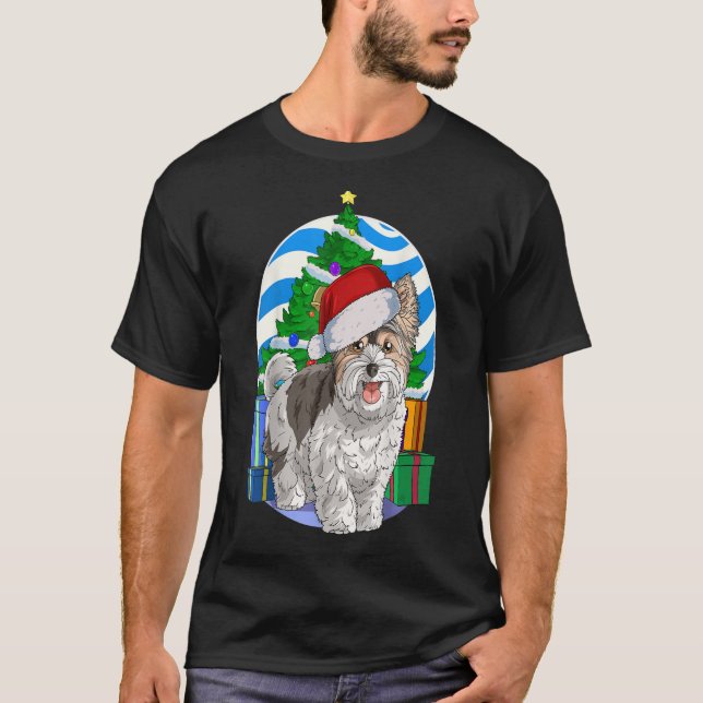 Biewer Terrier Hund Santa Julgran Decor Gift T Shirt (Framsida)