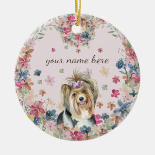 Biewer Terrier Hund Valp blommönster Julgransprydnad Keramik