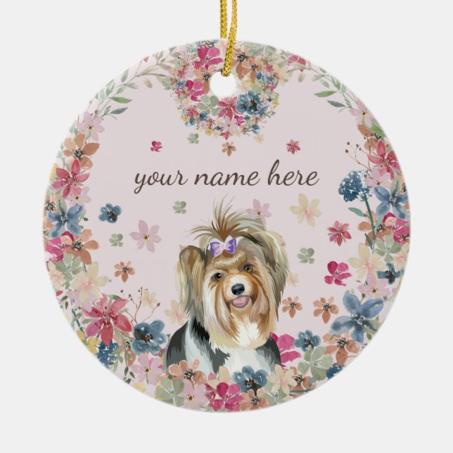 Biewer Terrier Hund Valp blommönster Julgransprydnad Keramik (Framsidan)