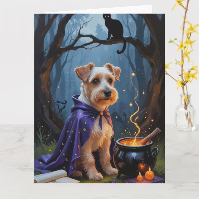 Biewer Terrier Hund Whimsical Halloween-målning Kort (Gul blomma)