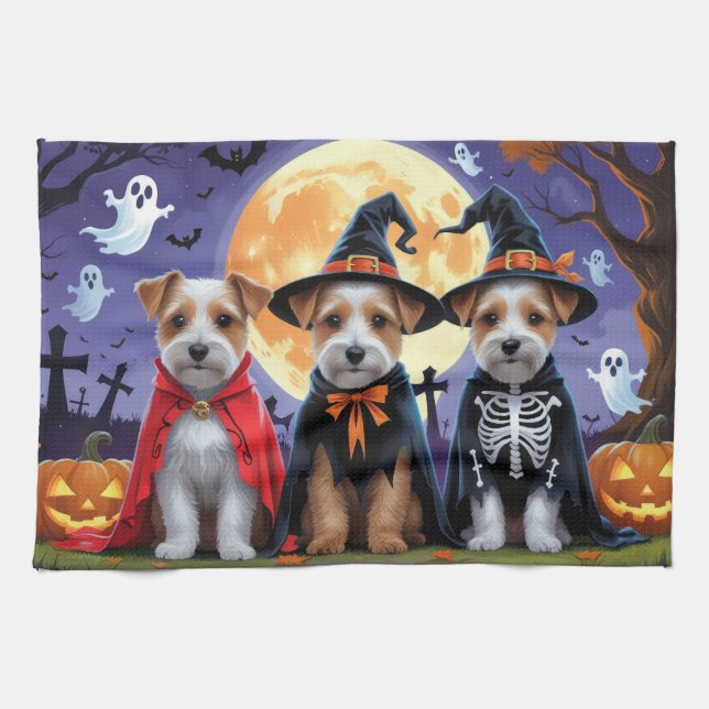 Biewer Terrier Hundar Pumpa Halloween Rolig Kökshandduk (Horisontell)