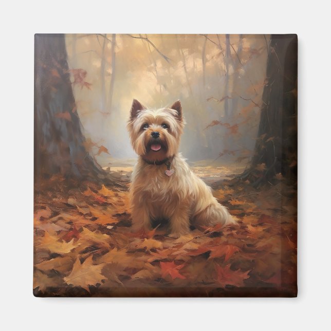 Biewer Terrier i höstlöv Fall Inspire Magnet (Framsidan)
