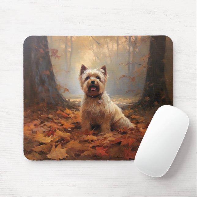 Biewer Terrier i höstlöv Fall Inspire Musmatta (Med mus)