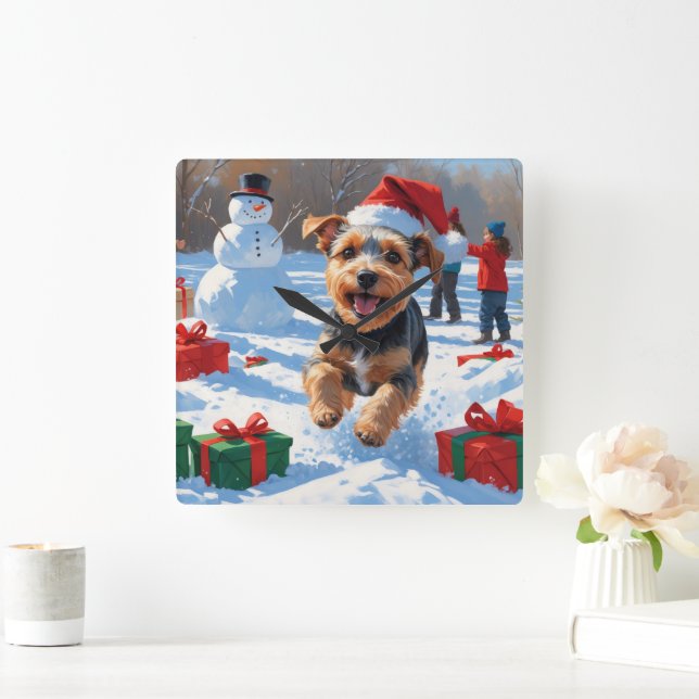 Biewer Terrier Jul Festiv Snö Scen Fyrkantig Klocka (Hem)
