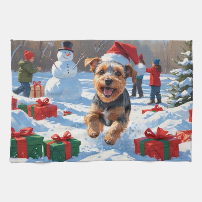 Biewer Terrier Jul Festiv Snö Scen  Kökshandduk (Horisontell)
