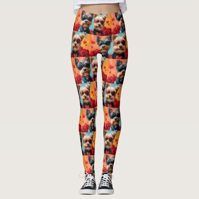 Biewer Terrier Med Hjärtrosar Alla Hjärtans Dag Leggings (Framsida)