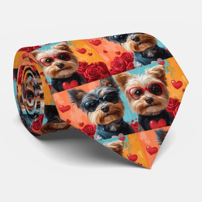 Biewer Terrier Med Hjärtrosar Alla Hjärtans Dag Slips (Rullad)