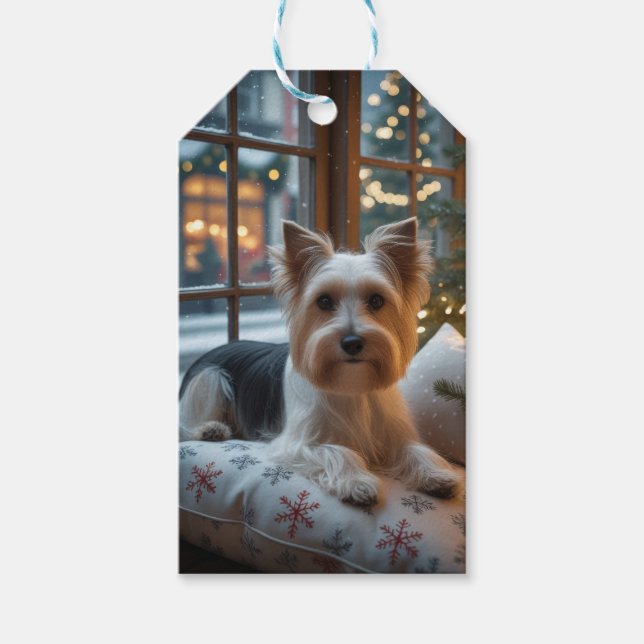 Biewer Terrier med julbelysning Holiday Presentetikett (Framsidan)