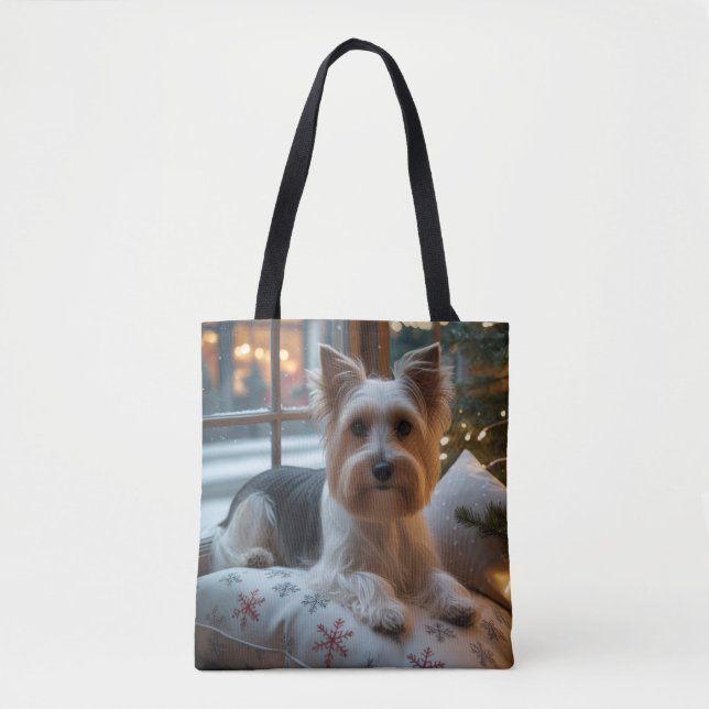 Biewer Terrier med julbelysning Holiday Tygkasse (Framsida)