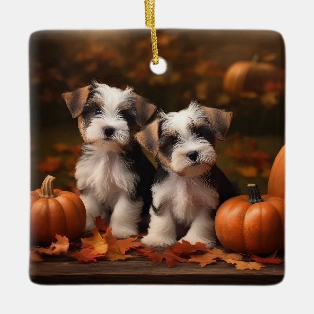Biewer Terrier Puppy Autumn Delight Pumpkin Julgransprydnad Keramik (Framsida)