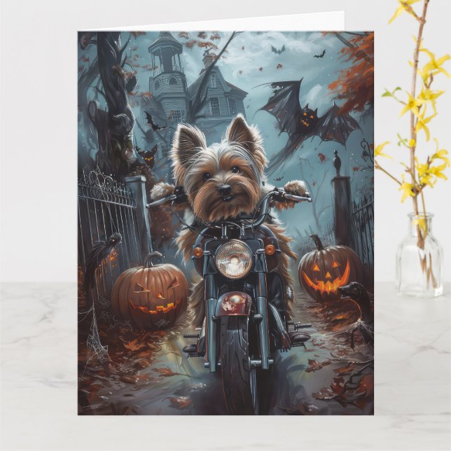 Biewer Terrier Riding Motorcykel Halloween Scary Kort (Gul blomma)