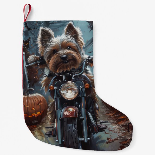 Biewer Terrier Riding Motorcykel Halloween Scary Liten Julstrumpa (Framsidan)
