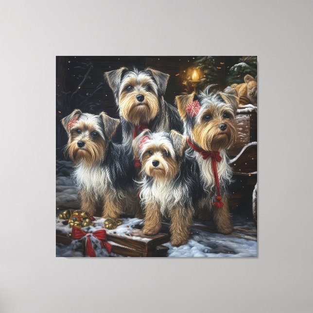 Biewer Terrier Snowy Sleigh-juldekretet Canvastryck (Framsida)