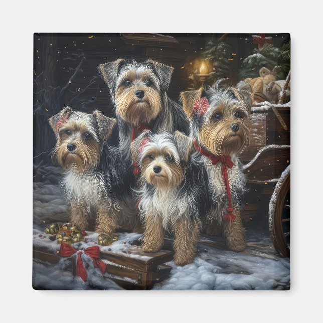 Biewer Terrier Snowy Sleigh-juldekretet Magnet (Framsidan)