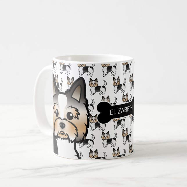Biewer Terrier Tecknade Hundar Med Hundben & Namn Kaffemugg (Framsida vänster)