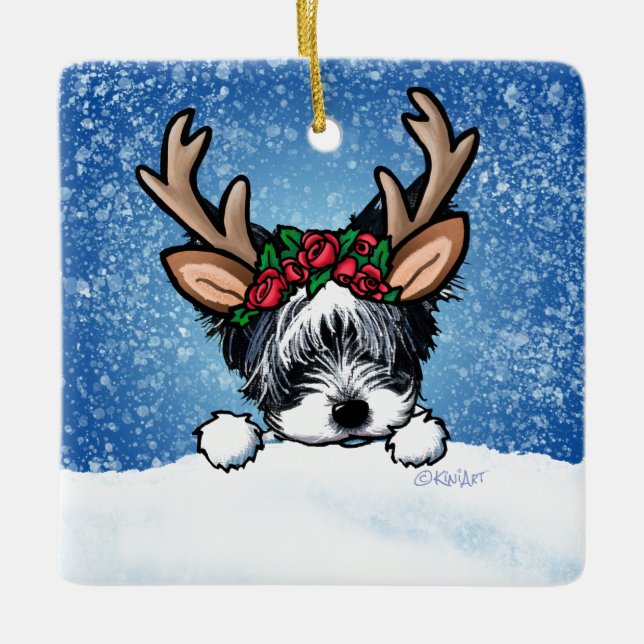 Biewer Yorkie Reindeer Ceramic Ornament (Framsida)