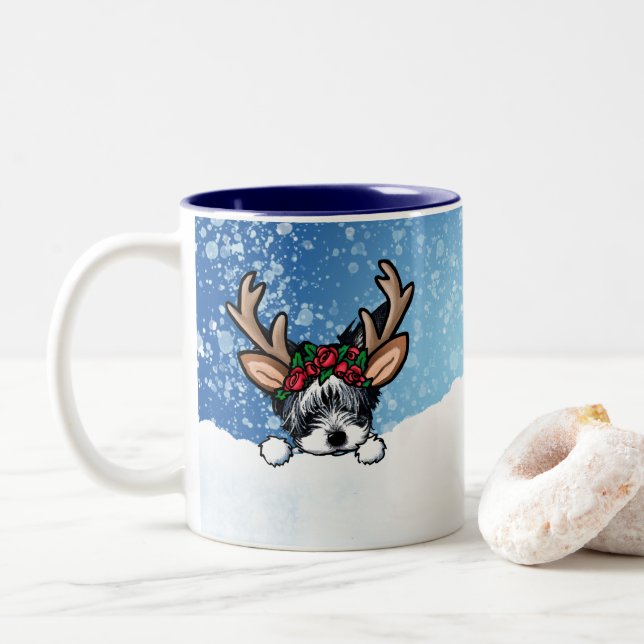 Biewer Yorkie Reindeer jul 2-Tone Mugg (Med munk)