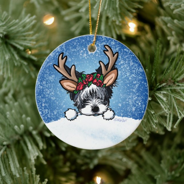 Biewer Yorkie Reindeer jul Ceramic Ornament (Träd)