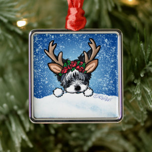 Biewer Yorkie Reindeer Metall Ornament