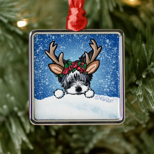 Biewer Yorkie Reindeer Metall Ornament (Träd)