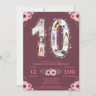 Big 10 Birthday Girl Photo Collage Rosa Flower Inbjudningar