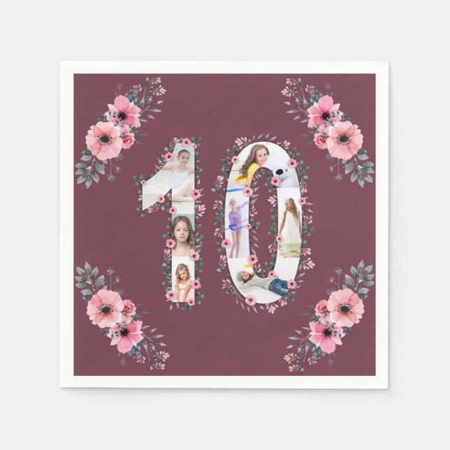 Big 10 Birthday Girl Photo Collage Rosa Flower Pappersservett (Framsidan)