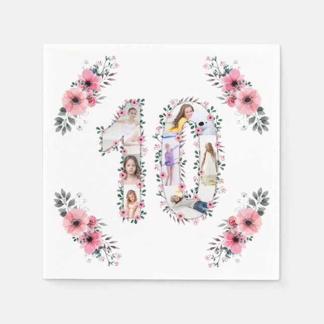 Big 10 Birthday Girl Photo Collage Rosa Flower Pappersservett (Framsidan)