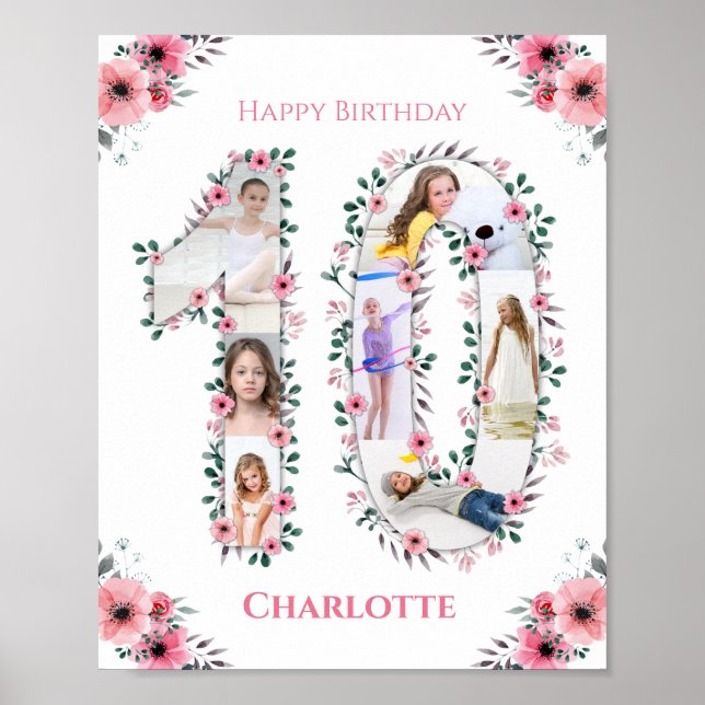 Big 10 Birthday Girl Photo Collage Rosa Flower Poster (Framsidan)