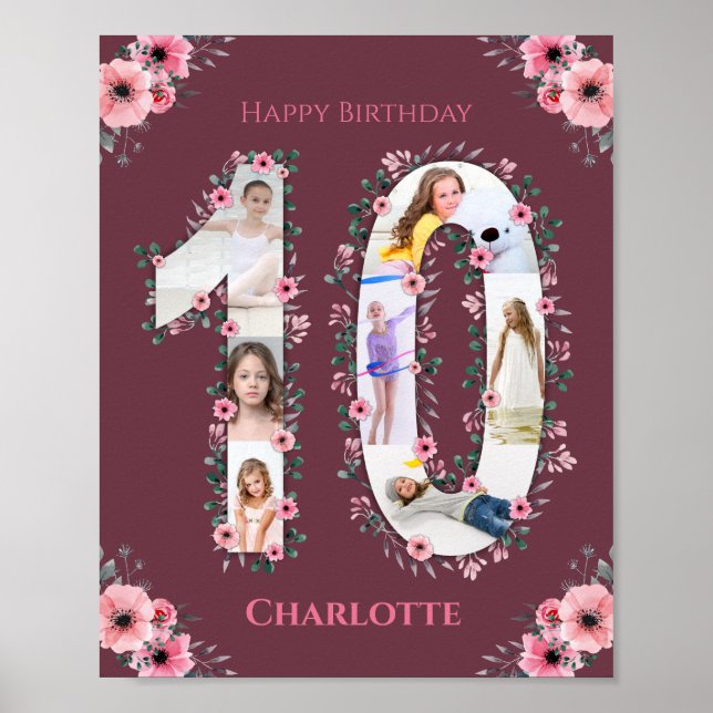 Big 10 Birthday Girl Photo Collage Rosa Flower Poster (Framsidan)