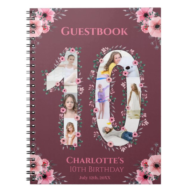 Big 10 Birthday Girl Photo Rosa Flower Guestbook Anteckningsbok (Framsidan)
