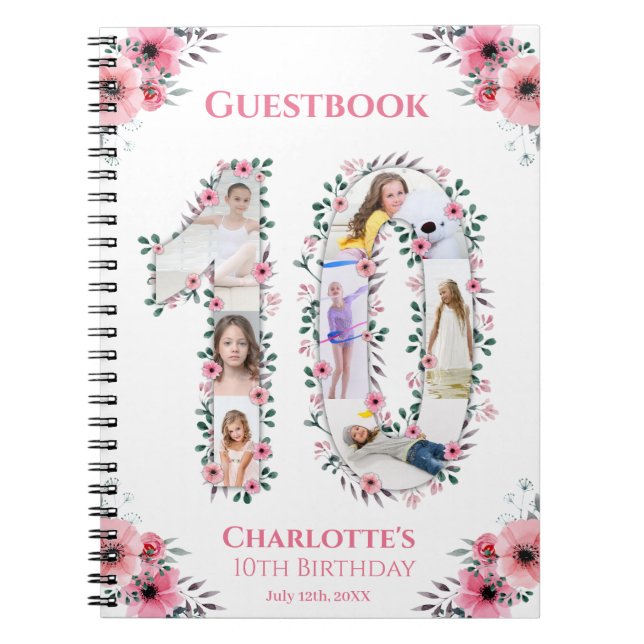 Big 10 Birthday Girl Photo Rosa Flower Guestbook Anteckningsbok (Framsidan)
