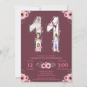 Big 11 Birthday Girl Photo Collage Rosa Flower Inbjudningar