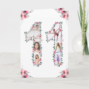 Big 11 Birthday Girl Photo Collage Rosa Flower Kort