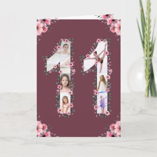 Big 11 Birthday Girl Photo Collage Rosa Flower Kort