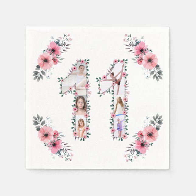 Big 11 Birthday Girl Photo Collage Rosa Flower Pappersservett (Framsidan)