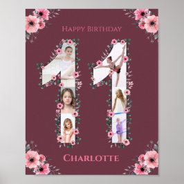 Big 11 Birthday Girl Photo Collage Rosa Flower Poster