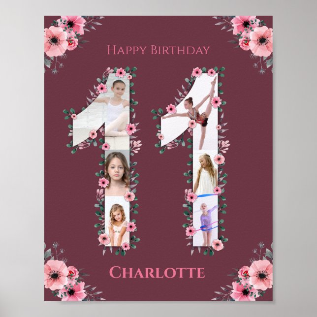 Big 11 Birthday Girl Photo Collage Rosa Flower Poster (Framsidan)