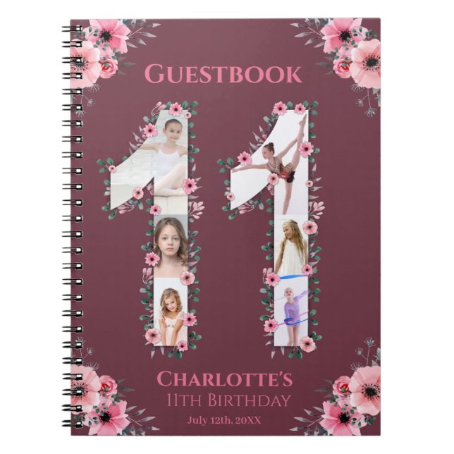 Big 11 Birthday Girl Photo Rosa Flower Guestbook Anteckningsbok (Framsidan)